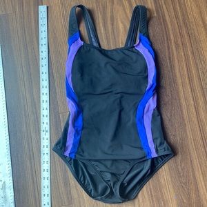 Lands’ end black and purple active one piece swim suit